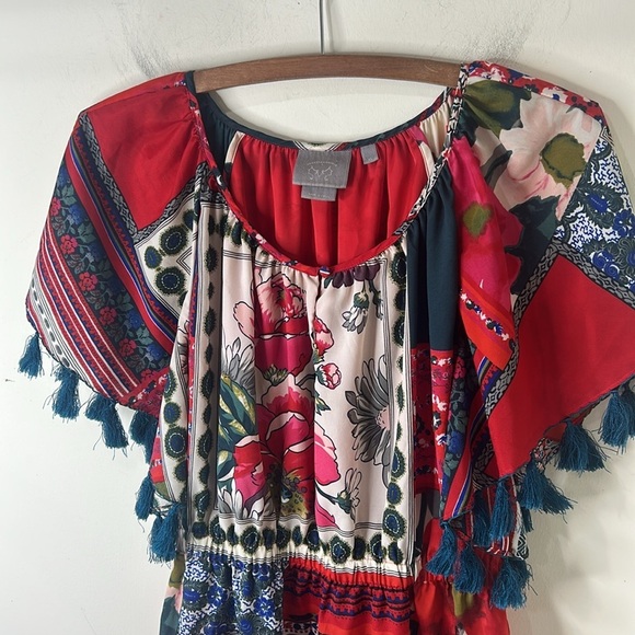 ANTHROPOLOGIE VANESSA VIRGINIA Persian Red Rose Patchwork Tassel Dress Size XS - Picture 13 of 16